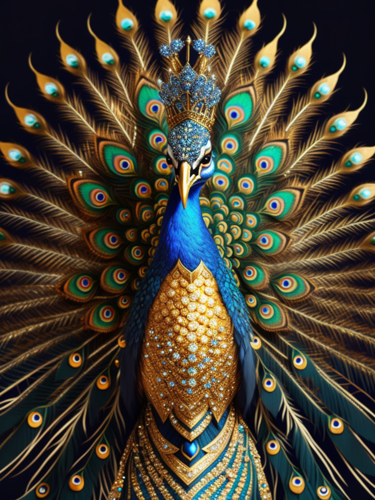 Magical king peacock wearing expensive jewelry that is magnificent, incredibly detailed, intricate, with brilliant bright shimmering sparkling glittering diamonds on glowing shining precious luminous gold, Royal rich luxurious