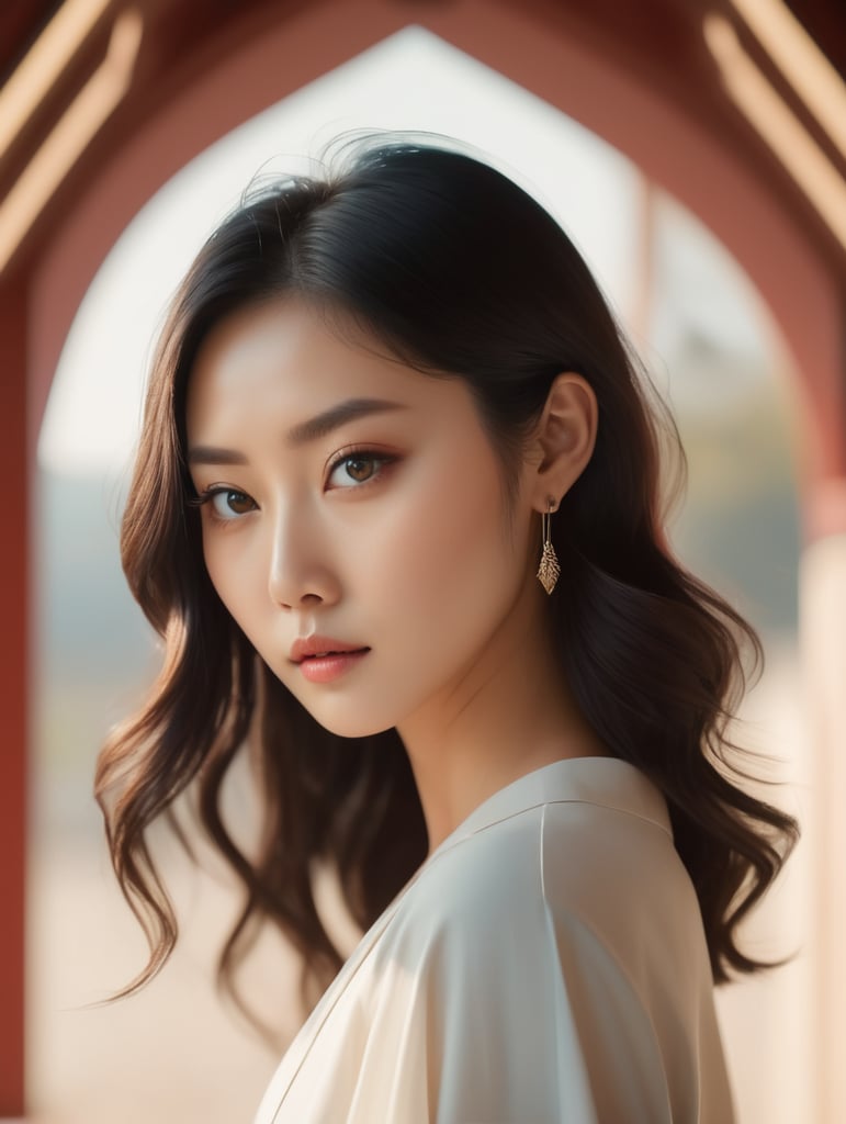 Japan, minimalism, cinematic composition, geometry 25 years old gorgeous goddess of love and beauty, look at camera, matching colors, dynamic movement, shadows, romantic dream, natural tones