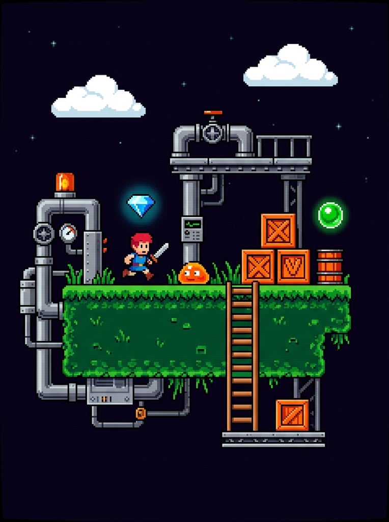 Retro 2D pixel art platformer assets float against a dark background. A green terrain block supports metallic structures, pipes, and orange crates. Pixelated white clouds, a floating diamond, a green orb, and two tiny character sprites complete the classic 8-bit video game aesthetic.