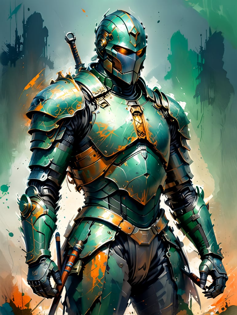 Medieval knight, iron green armor, after the battle, epic photo no helmet