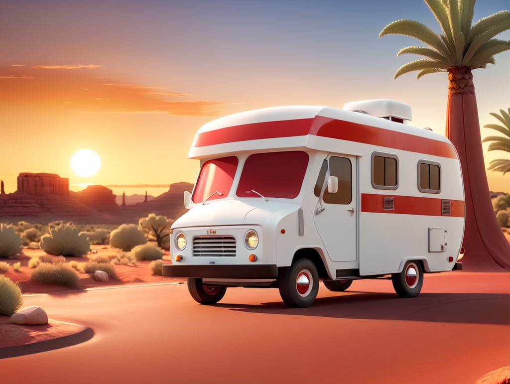 red and white camper driving into the sunset in Arizona