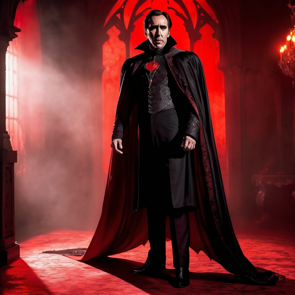 Nicolas Cage as Dracula, full body shot, red and backlighting, moody, grotesque