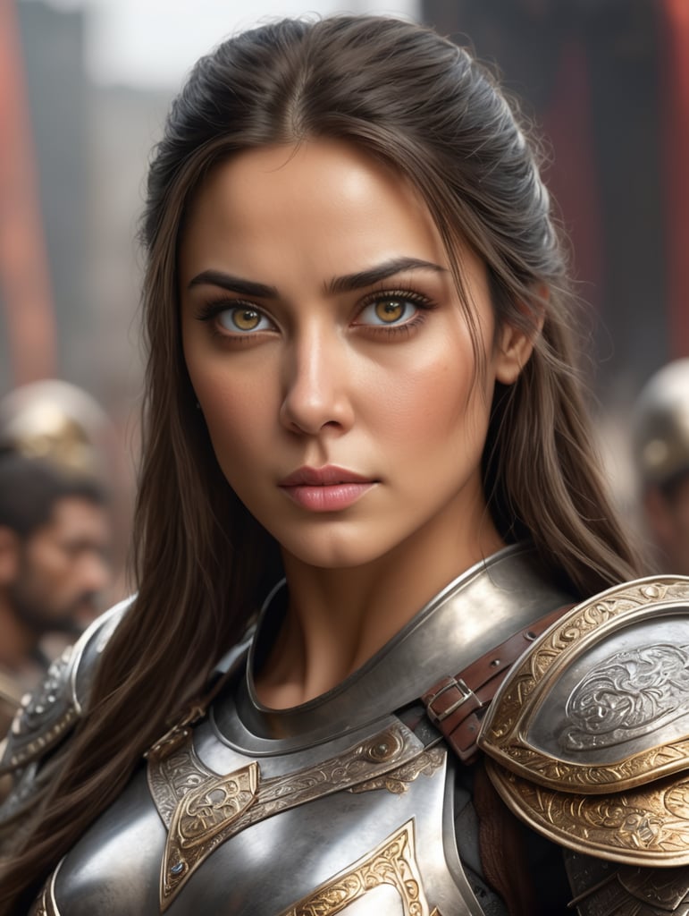 A shot of a 35 attractive woman, warrior princess, polished armor, intimidating stance, intriguing, exquisite facial features, mesmerizing grey eyes, straight dark hairs, streaked hair. Dramatic light, highly detailed, packed with hidden details, masterpiece, hyper realistic, colorful realism, realistic attention to detail, highly detailed, uhd image, realism, symmetrical, unreal engine, ultra wide, 8k resolution, background light