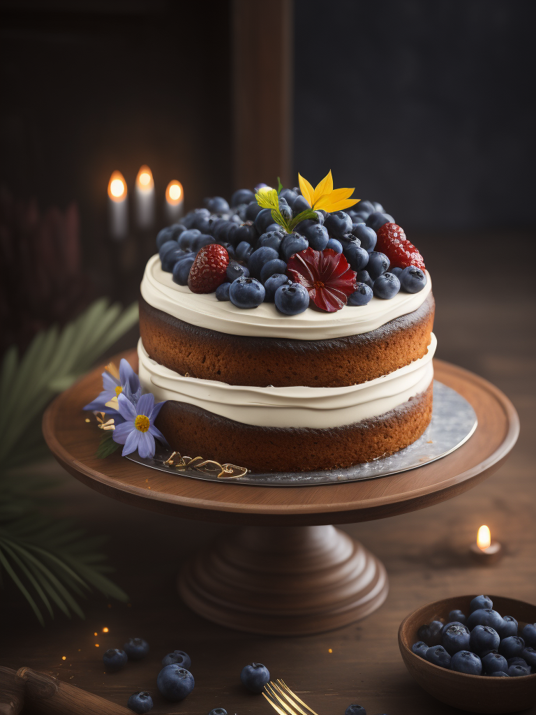 Blueberry cake with flowers, sharp on details, deep atmosphere