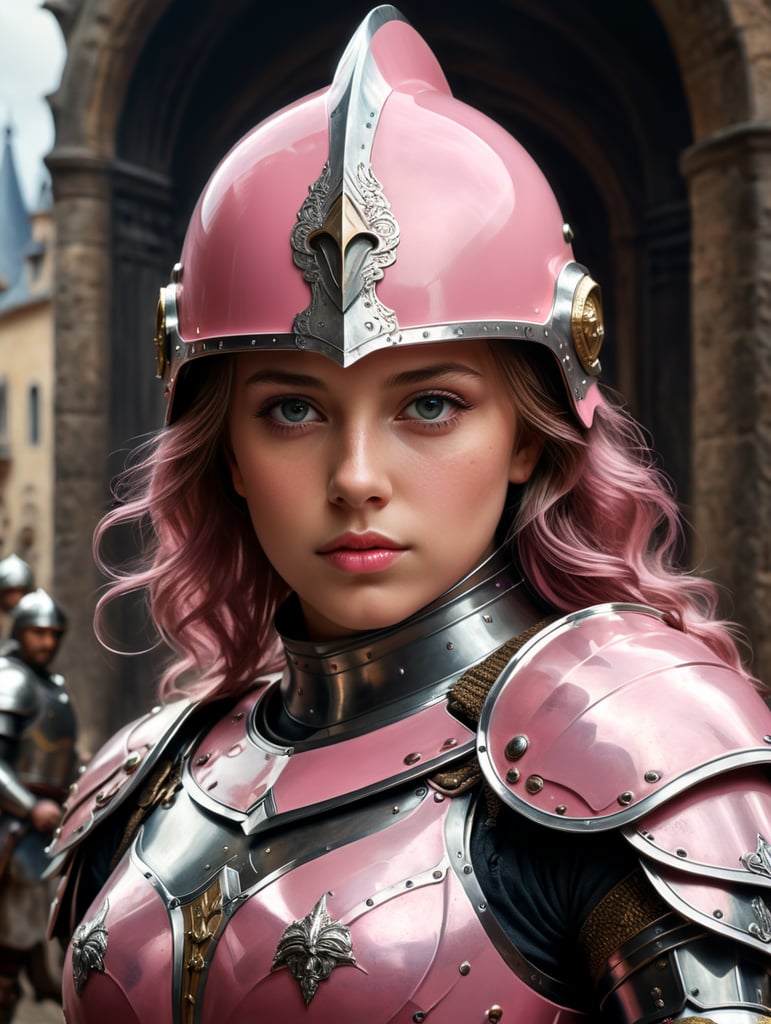 France in the image of a girl dressed in her armor, in the style of photorealistic portraits, pink, dreamy portraits, German art, combines Mexican and American cultures, cinematic elegance, the artist-appropriator.