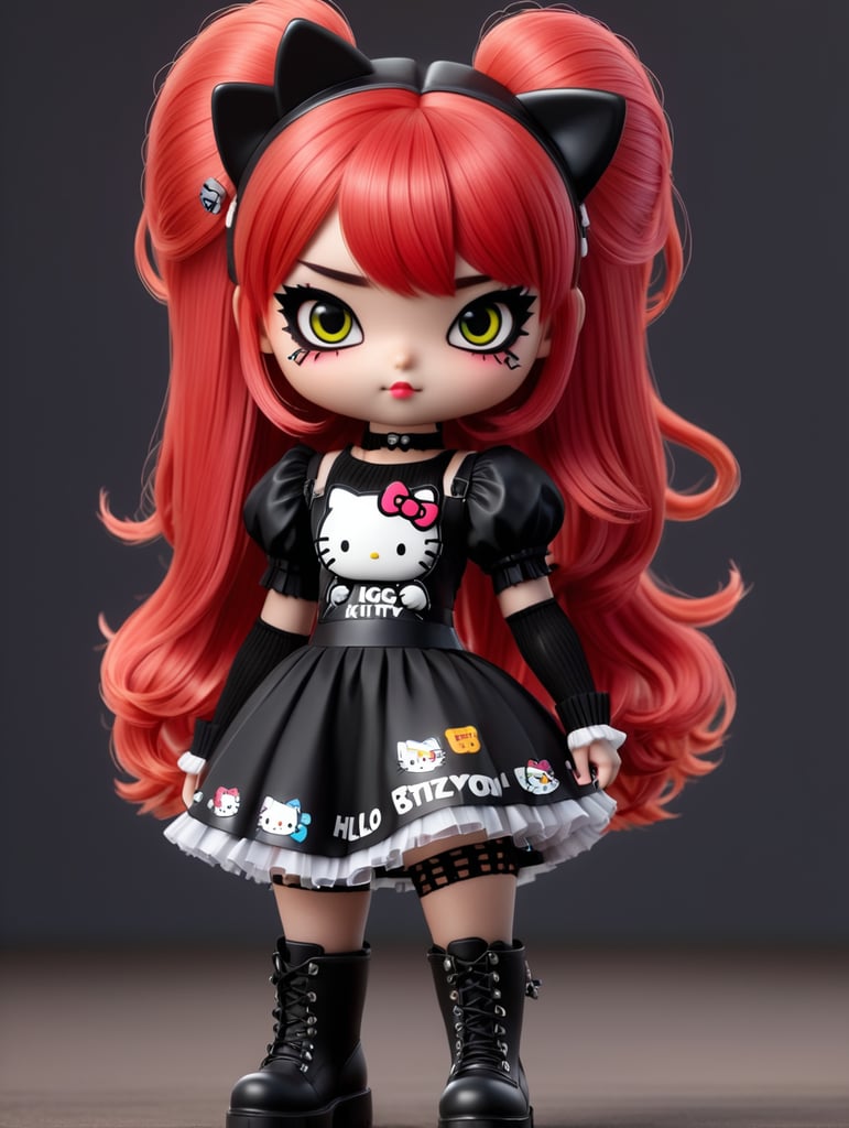 3d hello kitty anime girl with half black half ginger hair with fringe, emo makeup with fake eyelashes, black dress, fishnets and heavy boots