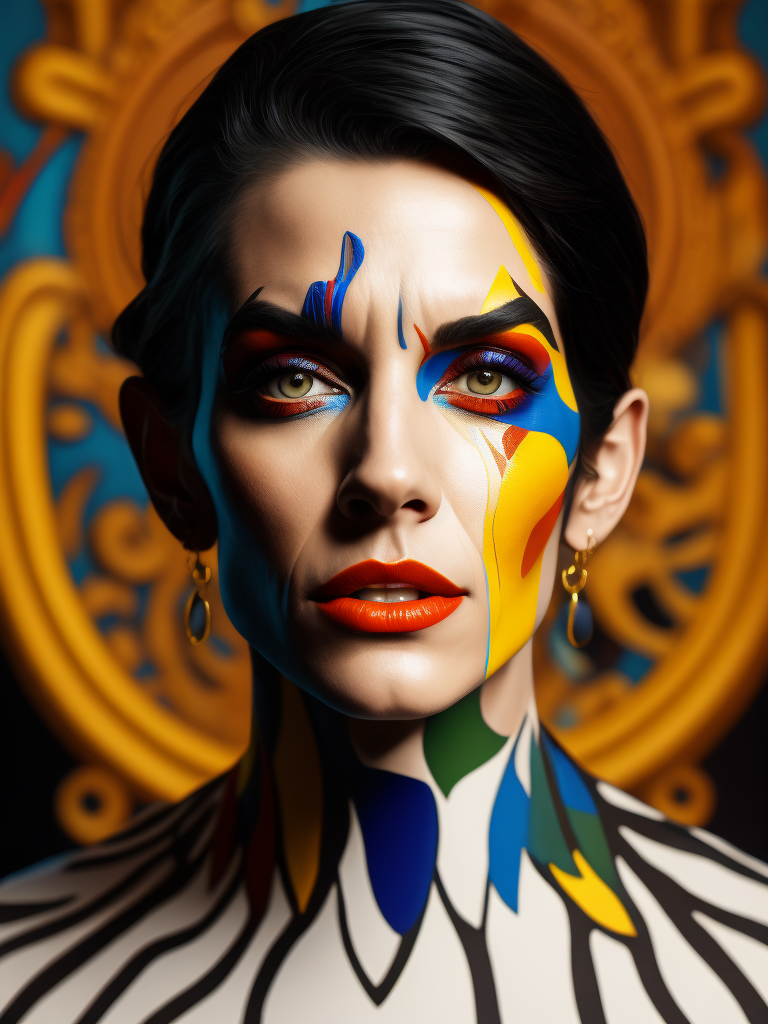 Portrait of Picasso, bright and saturated colors, elegant, highly detailed, vogue, fashion magazine, sharp focus, bright expressive makeup, dramatic lighting, depth of field, incredibly high detailed, blurred background