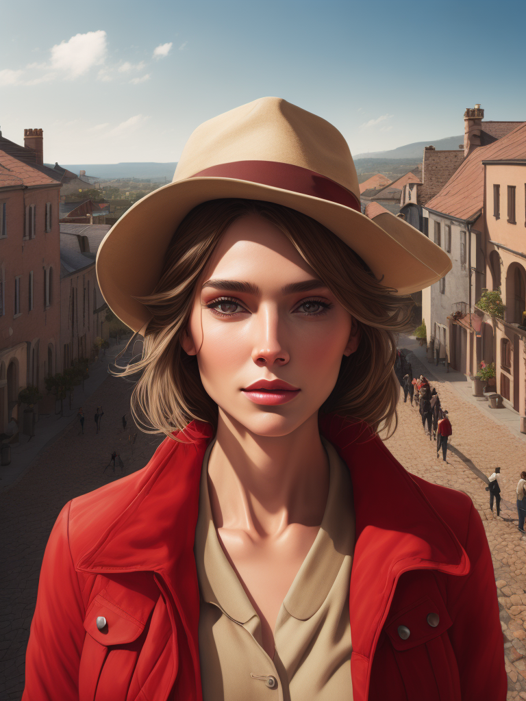 Portrait of a woman dressed in a red jacket and a beige hat, against the backdrop of the village, Sunny day, contrasting light, Painting, Landscape, style of Paul Corfield