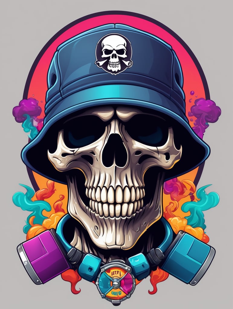 smoking skull wearing bucket hat logo, bright colors, Skull Gaming Logo, vector image