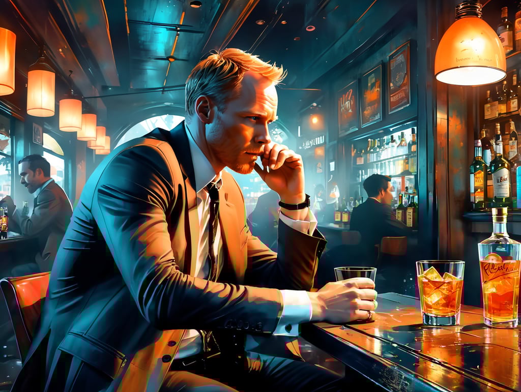 Paul Bettany down on his luck drinking scotch in a sleazy bar