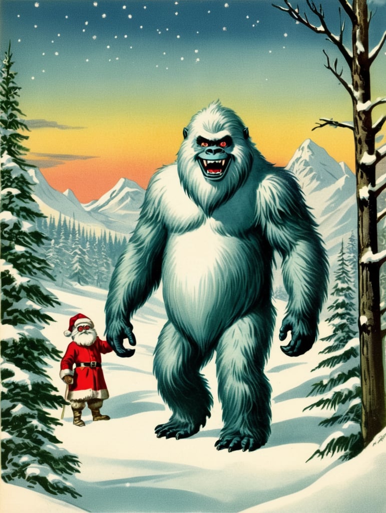Yeti, Abominable Snowman, vintage Christmas postcard illustration