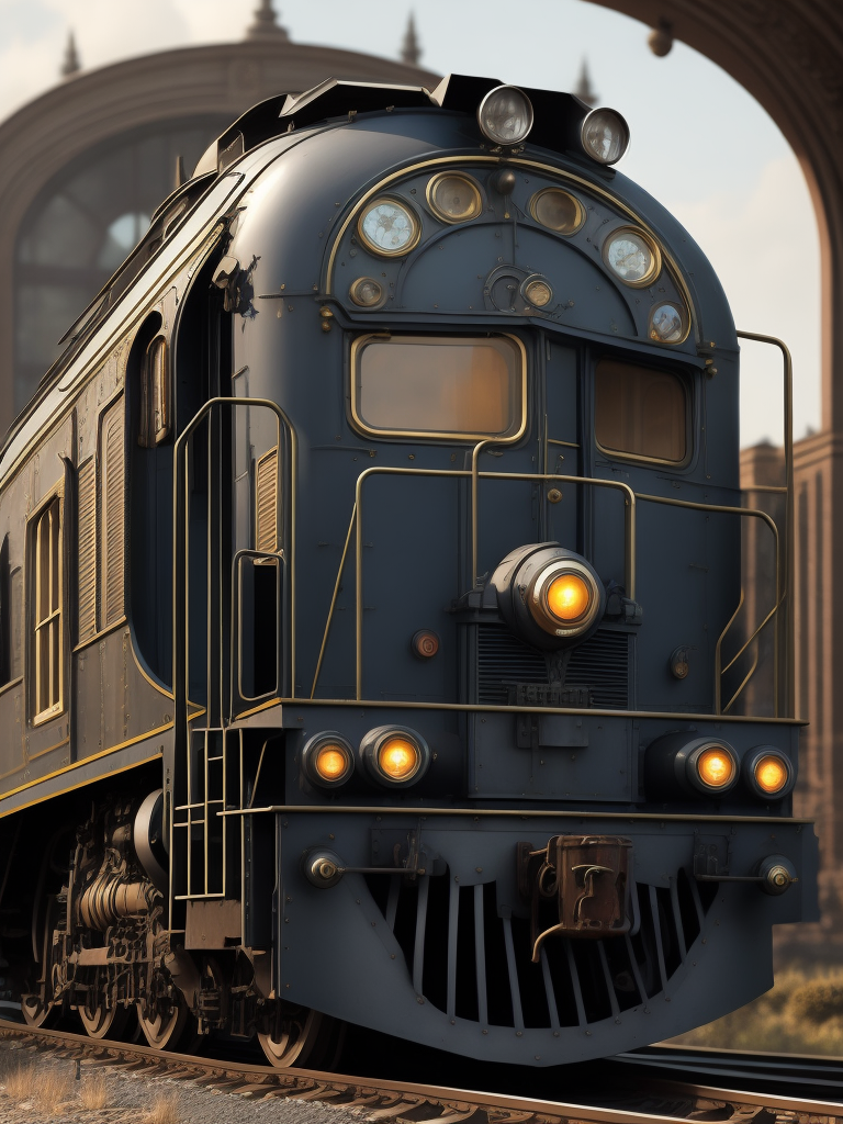 a train locomotive on wheels, art deco, art nouveau, streamline, front window, steampunk, tall