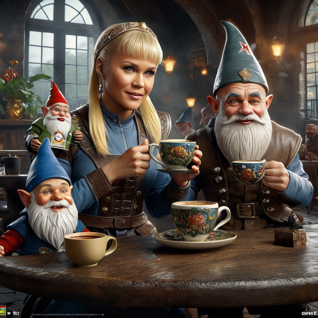 Xuxa com xicara de café na alemanha acompanhada de gnomos