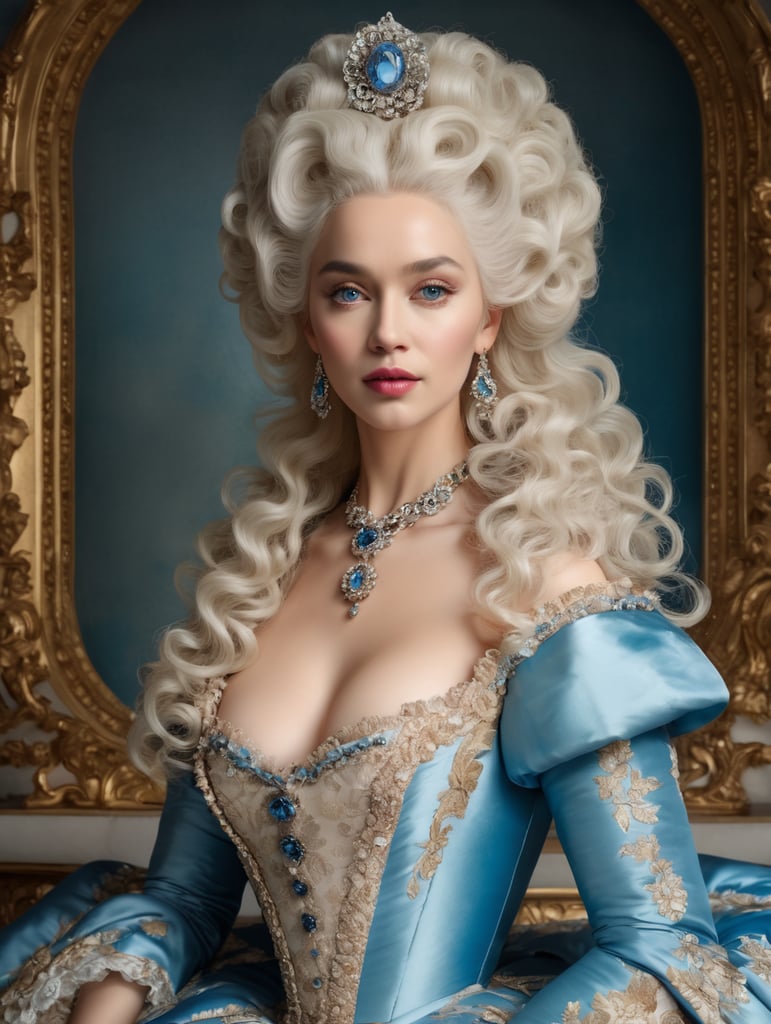"rococo daenerys as marie antoinette", elaborate gown, huge rococo hair, head and shoulders portrait