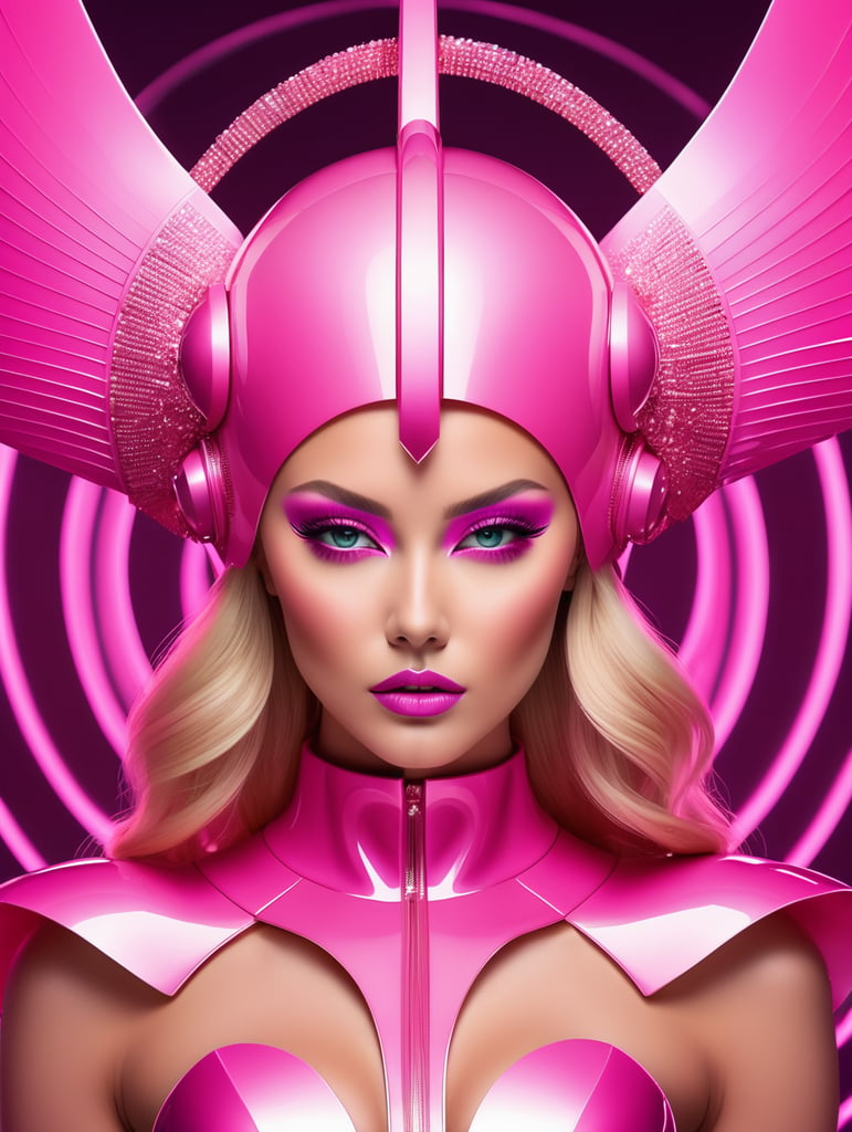 A beautiful blonde female pop artist all pink sleek futuristic outfit, with huge headpiece center piece, clean makeup, with depth of field, fantastical edgy and regal themed outfit, captured in vivid colors, embodying the essence of fantasy, minimalist