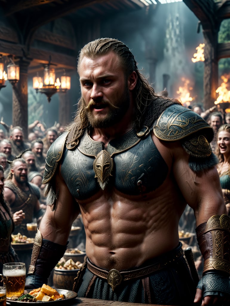 Ragnar Lothbrok having fun in Valhalla with the gods, a lot of food on the tables, women dancing, a lot of ale