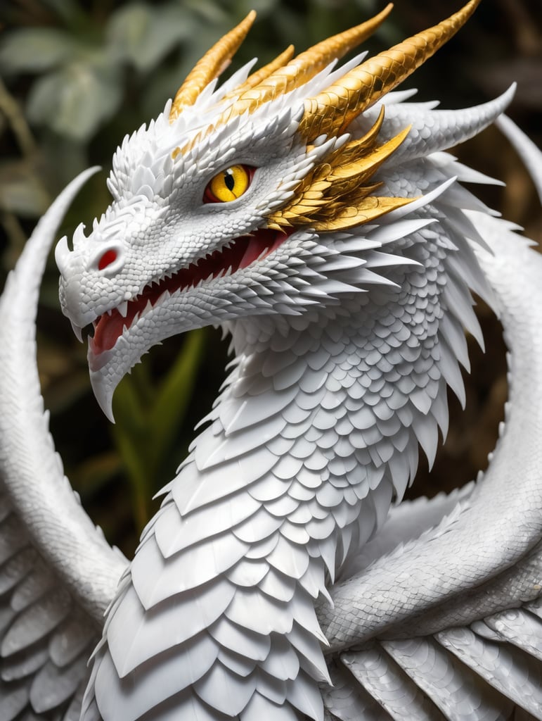Golden dragon with silvery white wingscales and yellow-golden eyes