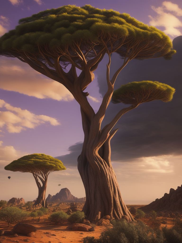 The landscape of Socotra island, futuristic cloudy purple sky, trees with green leaves and yellow trunks, windy environment remembering the Mars atmosphere