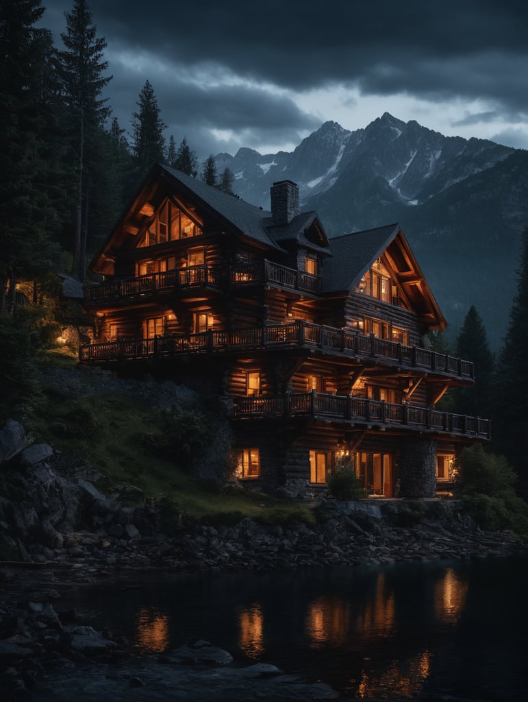 Professional evening photo of a Log mountain house, mountains, lake, forest