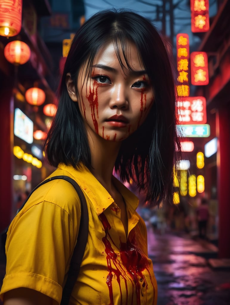 A girl of Asian appearance is dressed in a yellow shirt stained with blood, her face is bloody, against the backdrop of Chinatown and neon lights, dark atmosphere, deep contrasting shadows, Takashi Miike style