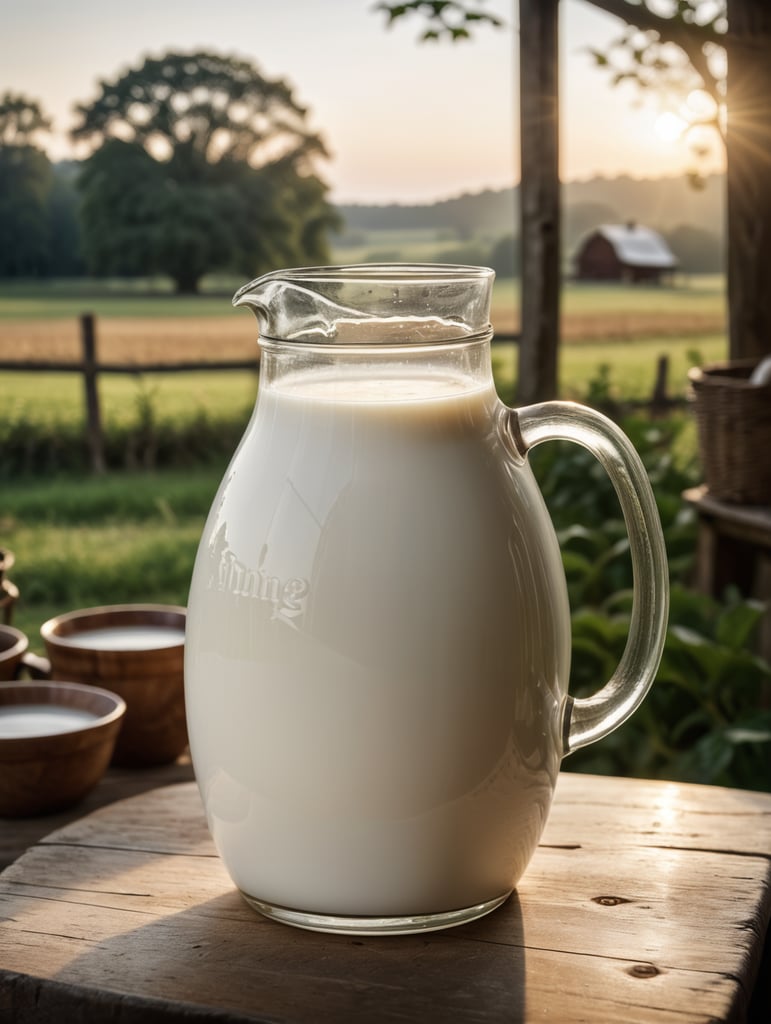 A mockup of a jug of milk, early morning, farm blurred background