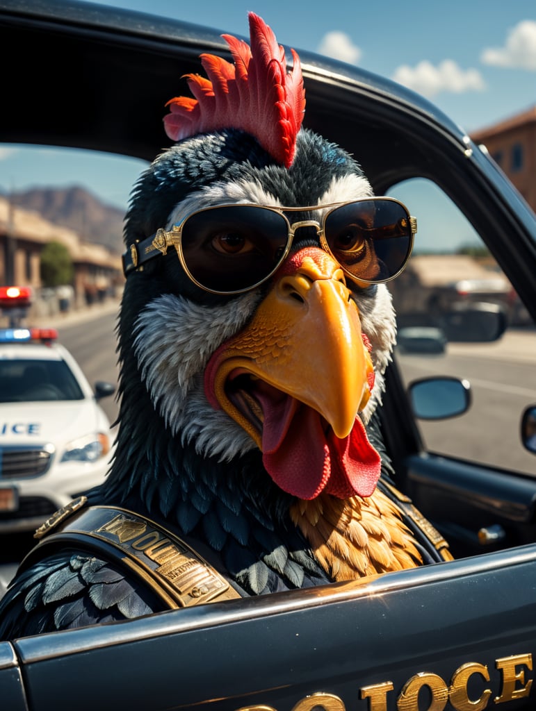 Rooster police officer, sitting behind the wheel of a police car, close-up shot, sunglasses, clipart, stock photo