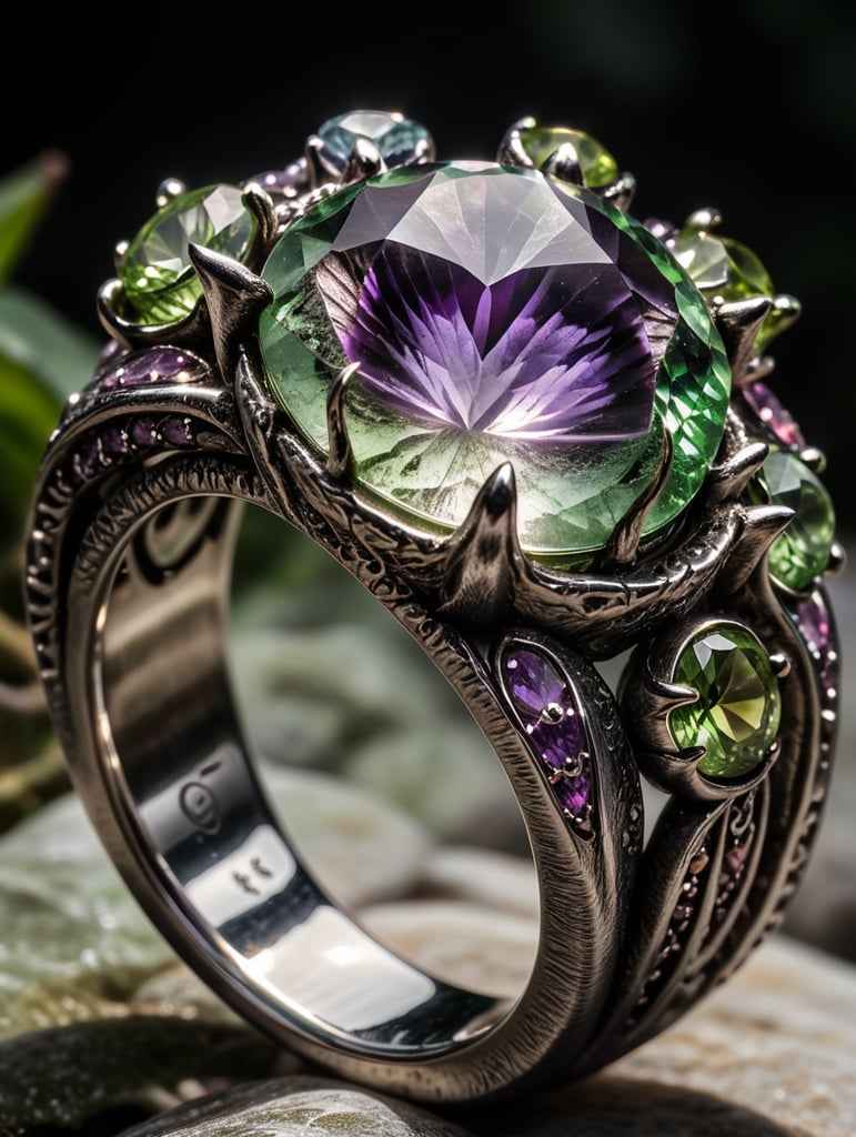 evil photo realistic ring. long tendrils and winding wisps, high contrast. tempest ring, tendrils, faint purple and green irregular crooked and broken stones. eerie and evil claws