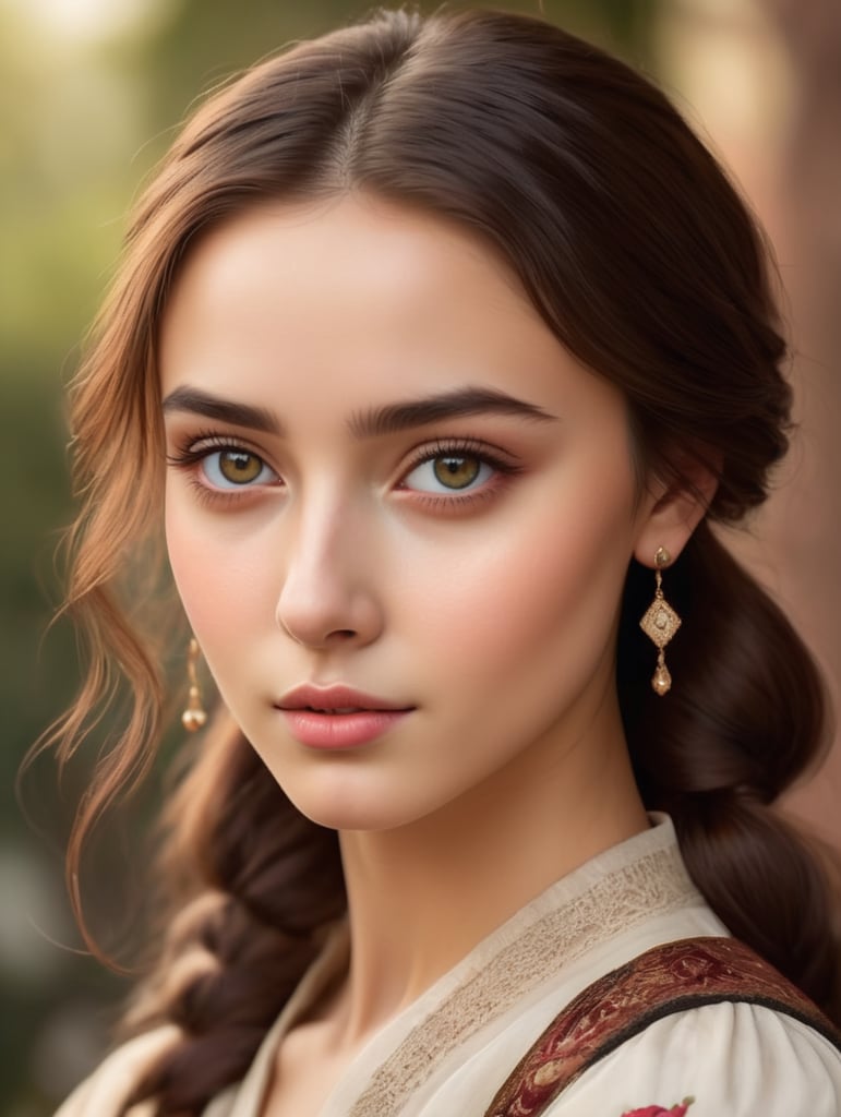 Georgian era twenty year old girl with sharp exquisite bright dark eyes, chestnut hair, natural look, highly detailed, saturated colors, attractive, heart shaped small face, high cheekbones, fair skin
