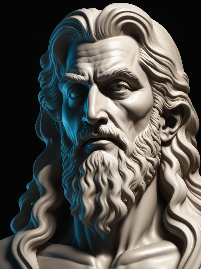 A realistic portrait white greek marble statue of a zeus, black background, moody, angry, photorealistic, movie scene, super detailed, hyperrealistic