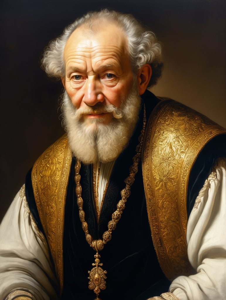 A masterpiece painting by Rembrandt Van Rijn, a hiper-detailed portrait of an old man, intrincate beard details, extremely beautiful clothing, gold, reflects, masterpiece composition, golden ratio composition, baroque illumination