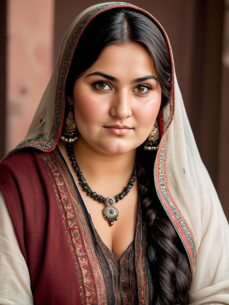 Fat Afghan pashtun woman with pakistani blood, overweight , , small breasts, high cheekbones, slight smile no teeth showing, brown skin, wearing traditional afghan clothes shining through, light makeup, hourglass figure, black hair