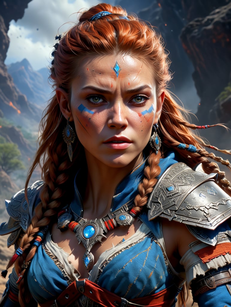 Aloy the beautiful Savior of Meridian, with torn clothes, after winning a battle by herself without any armor.