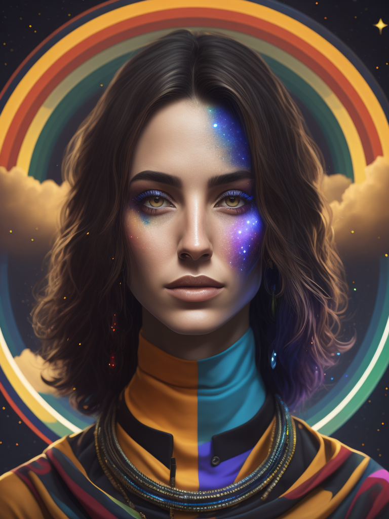 LGBTQ+ shemale Portrait, Circles in rainbow colors behind and stars within each circle