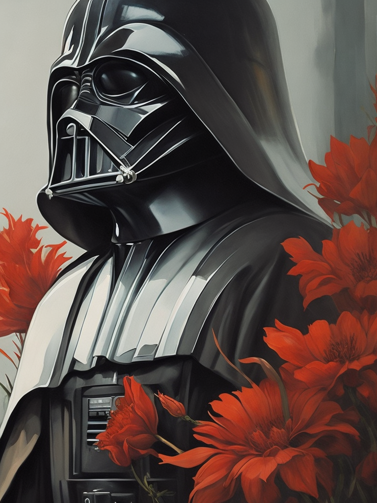 painting oil painting still life painting botanical themed artwork of darth vader un floral arrangement fruit composition giuseppe arcimboldo style italian art portraiture death star Clone trooper star wars red red flowers lightsaber red lightsaber