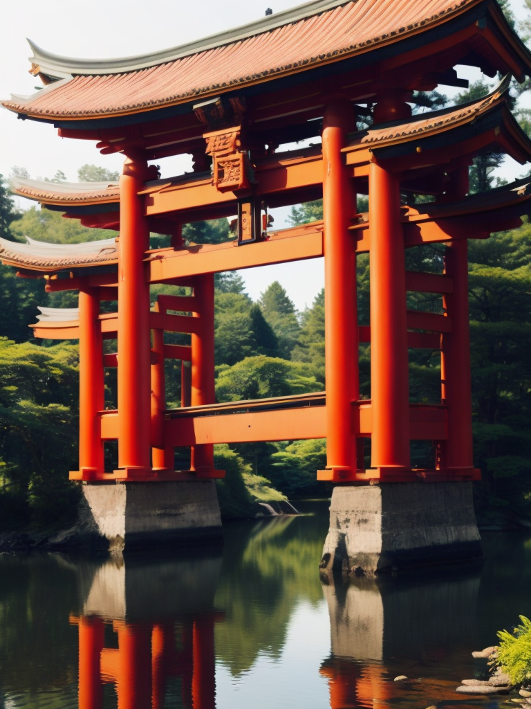 Red torii gate in middle of a lake, Dense forest on the edge of the lake, Bright and saturated colors, Japanese culture, photorealistic, contrast light