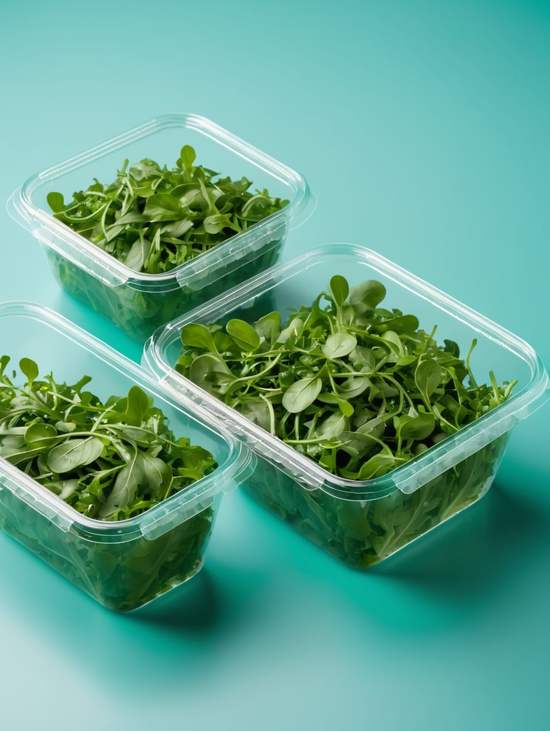 blank Transparent Plastic Container with Arugula Salad, isolated, cyan background, Mockup, mock up