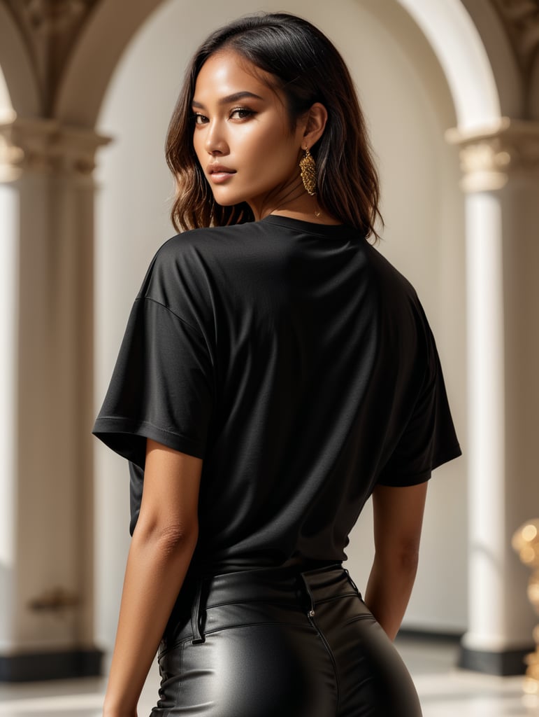 Create a visually stunning versace inspired photoshoot featuring a tanned asia supermodel wearing black oversized t-shirt, from the back point of view iso 400, surrealistic, 8k, full frame, white studio background