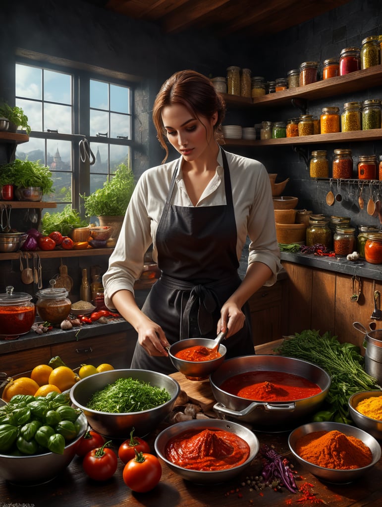 A woman in the back of a kitchen counter with ingredients to make sauce. Fresh tomatoes, freshly ground garlic, onions, carrots, celery, green peppers, virgin olive oil, water, salt, oregano, basil, parsley, sugar, and black pepper. in a kitchen background scene