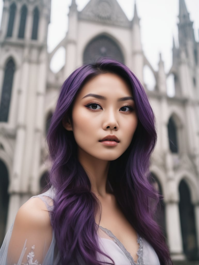 portrait of beautiful asian fashion model with vibrant purple hair, ethereal dreamy foggy, photoshoot by Annie Leibovitz, editorial Fashion Magazine photoshoot, fashion poses, in front of gothic cathedral architecture. Kinfolk Magazine. Film Grain. a soft smile
