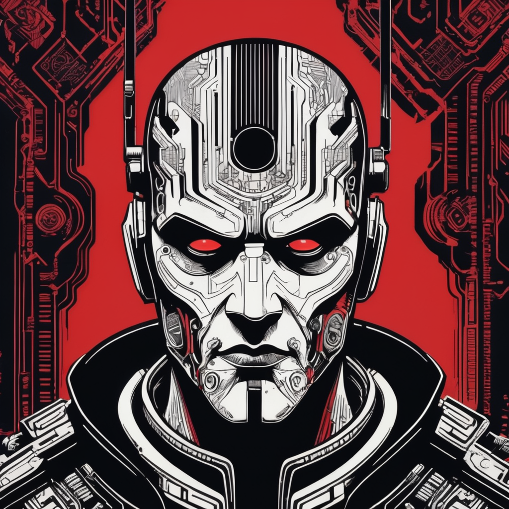 cyberpsychopath, against the background of a dark cyberpunk setting, retro style, linocut, ink printing, in the style of linear art, red black and white, high detail