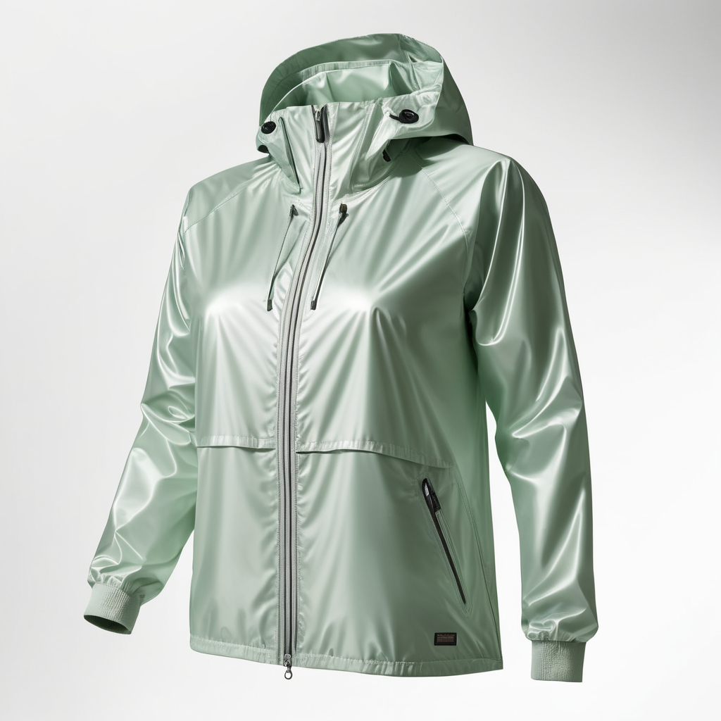 A realistic photo of a chrome windbreaker jacket, for women, coverall with reflective material, isolated, white background
