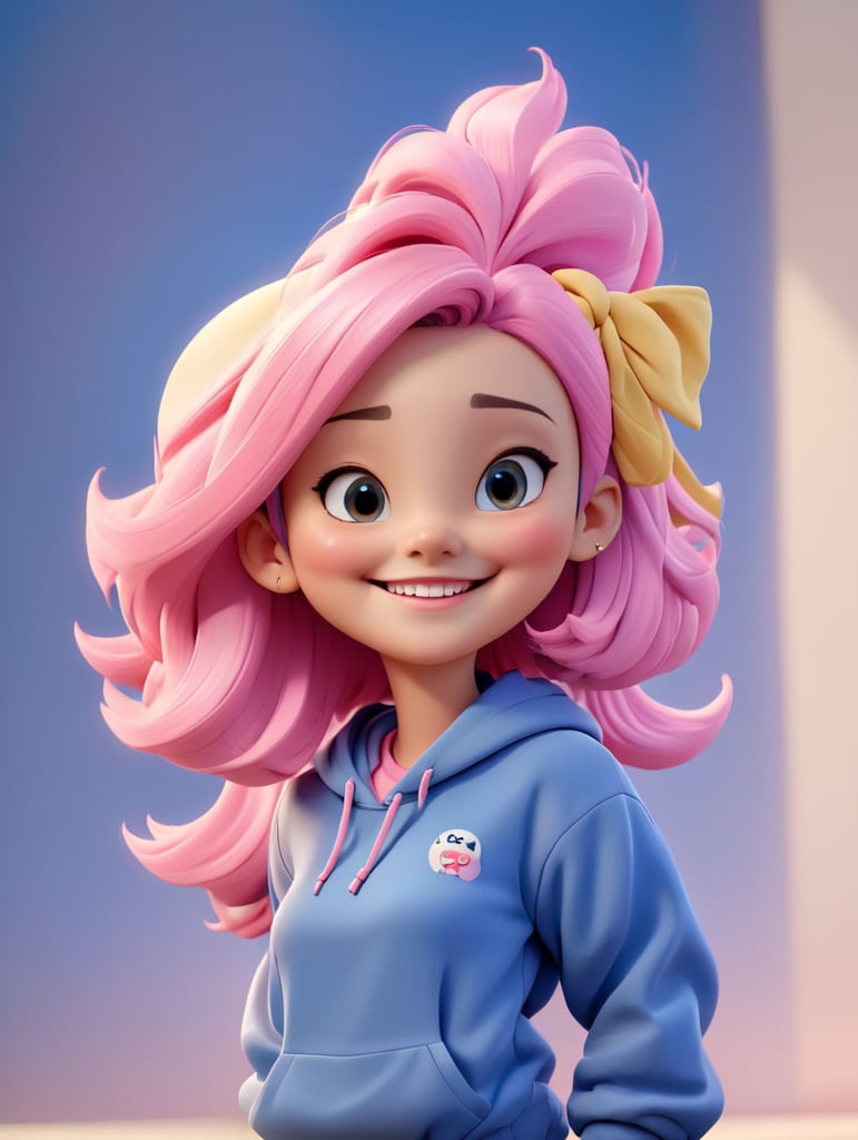 young girl designer blue short hair pink hoodie smiles full length