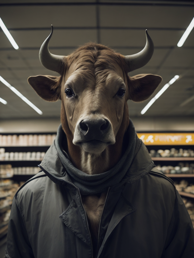 Bull look like a human stylized as a security guard in the supermarket