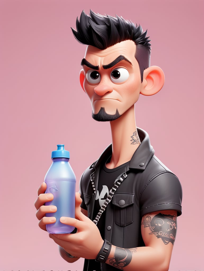 a punk designer holds in his hand a water bottle, isolated, light pink background