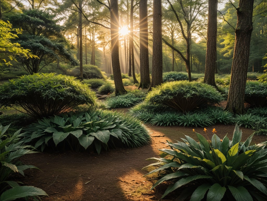 A photorealistic snapshot of a serene woodland scene from my backyard. Highlighting the vibrant flora and fauna, with the golden hues of the setting sun casting a warm and enchanting glow.