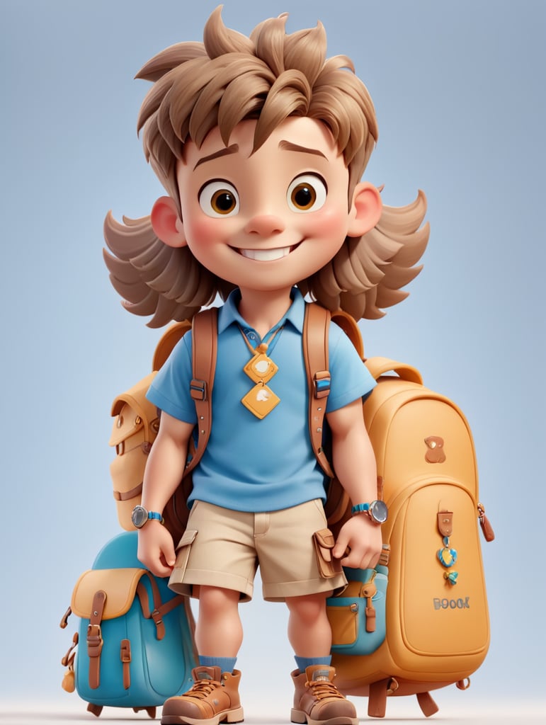 Personagem infantil. estudante com mochila, masculino, de pele branca, caeblo curto, de corpo inteiro, sorrindo, fazendo jóia com o polegar, com fundo transparente