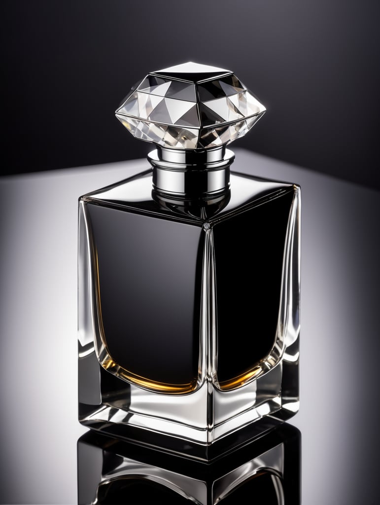 professional photography of a luxury perfume, square chrome bottle, faceted black stone in the form of a cap, in the space, no label, clear, mockup