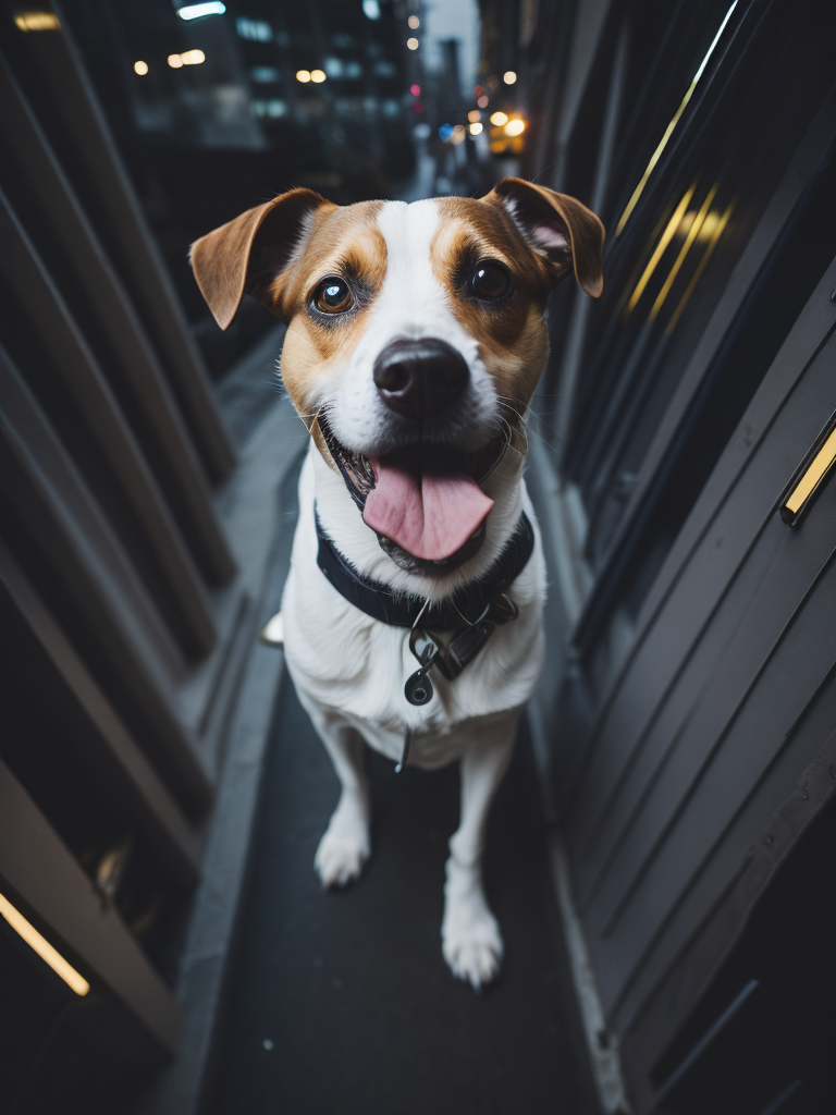 A big dog jack russell in a heroic pose protects the city with the help of a transparent sci-fi shield top view