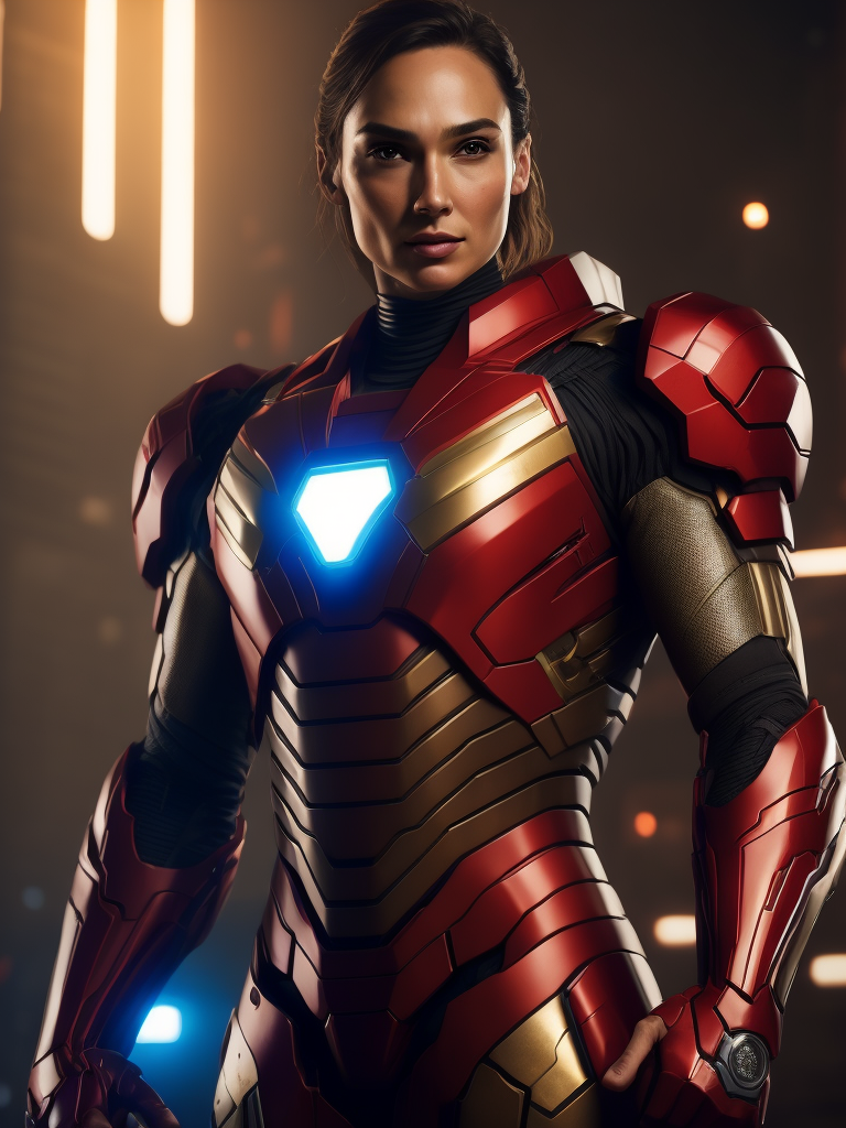 gal gadot in the Iron Man suit from the Marvel Universe, Full body, high definition, photography, cinematic, detailed character portrait, detailed and intricate environment, Bright red color