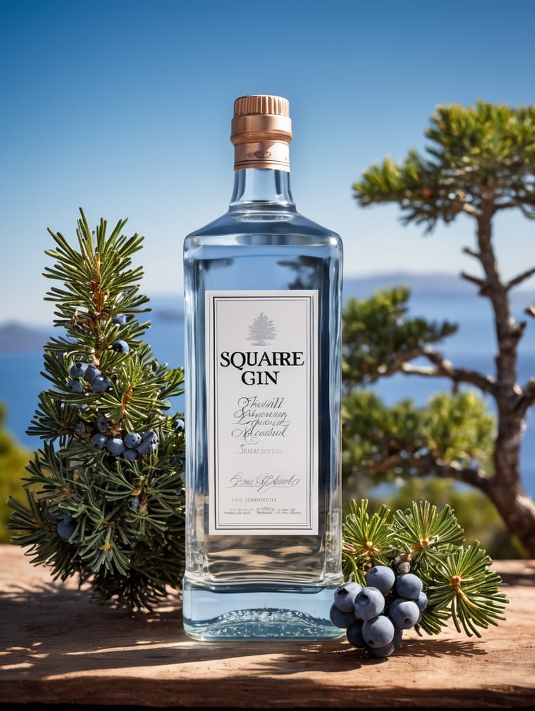 professional photography of a square gin bottle, square bottle, surrounding a juniper and juniper berries, one shot of gin in a front, no label, clear, mockup